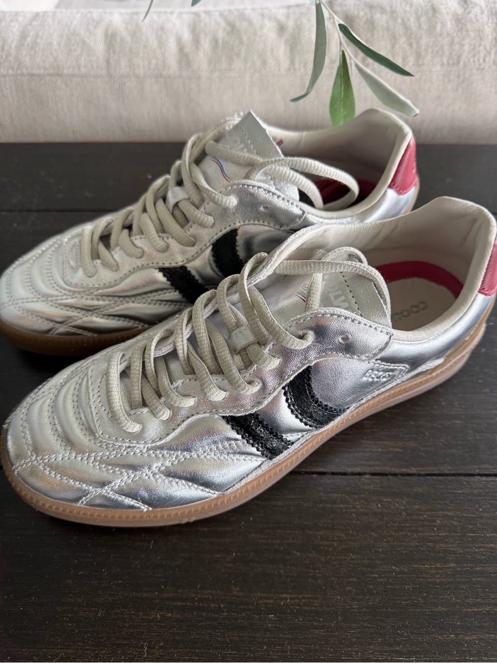 Coolway Silver Sneakers with Black Stripes and Red Heel Free People